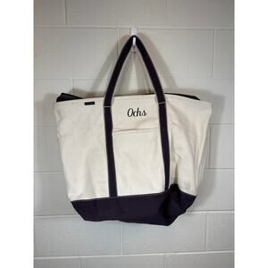 Lands End Ochs Canvas Tote Bag Womens White Black Cotton Zip Top Summer Beach